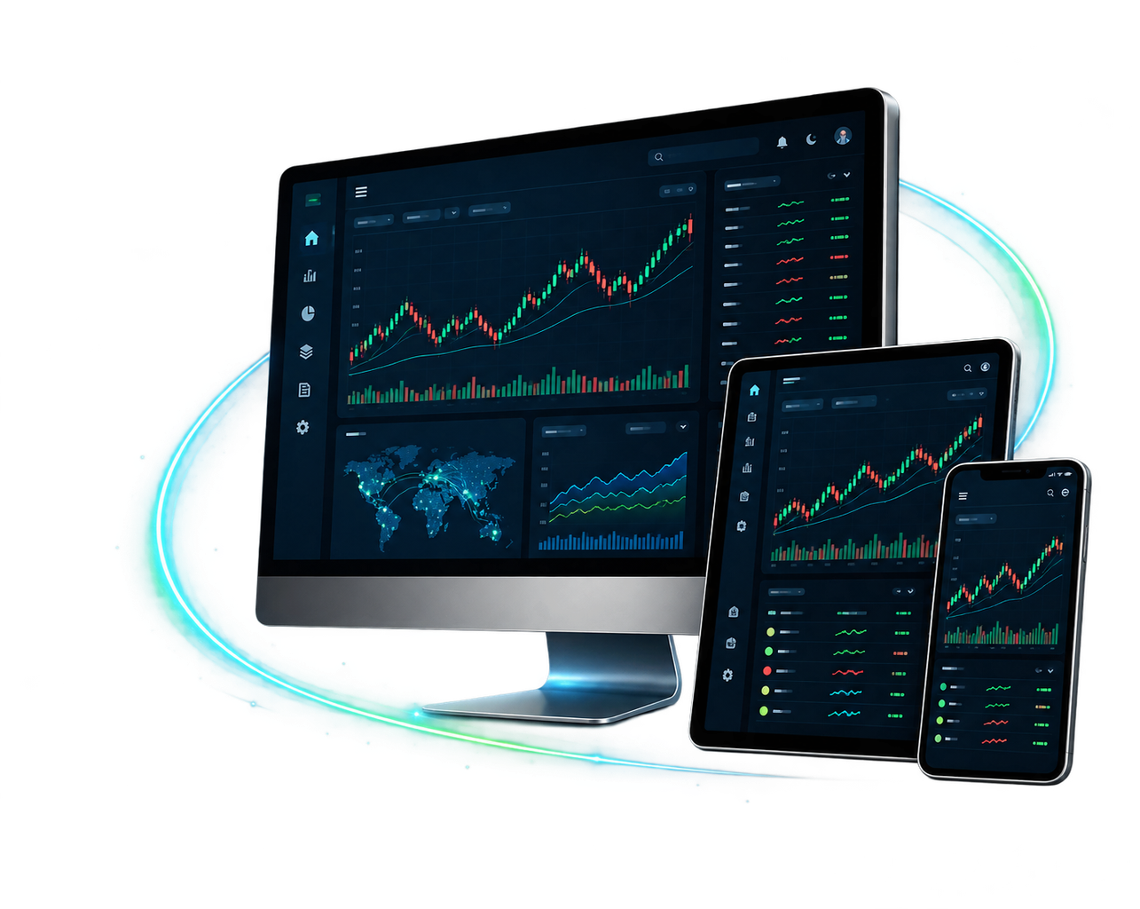 Unified financial analytics dashboard shown across desktop, tablet, and mobile screens