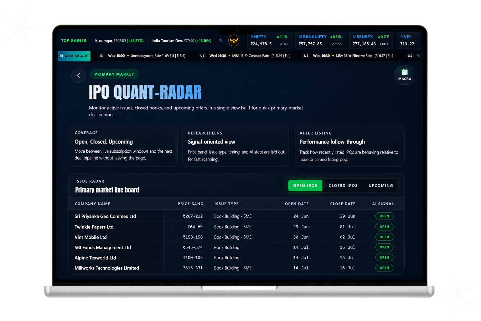 Initial Public Offering screener interface